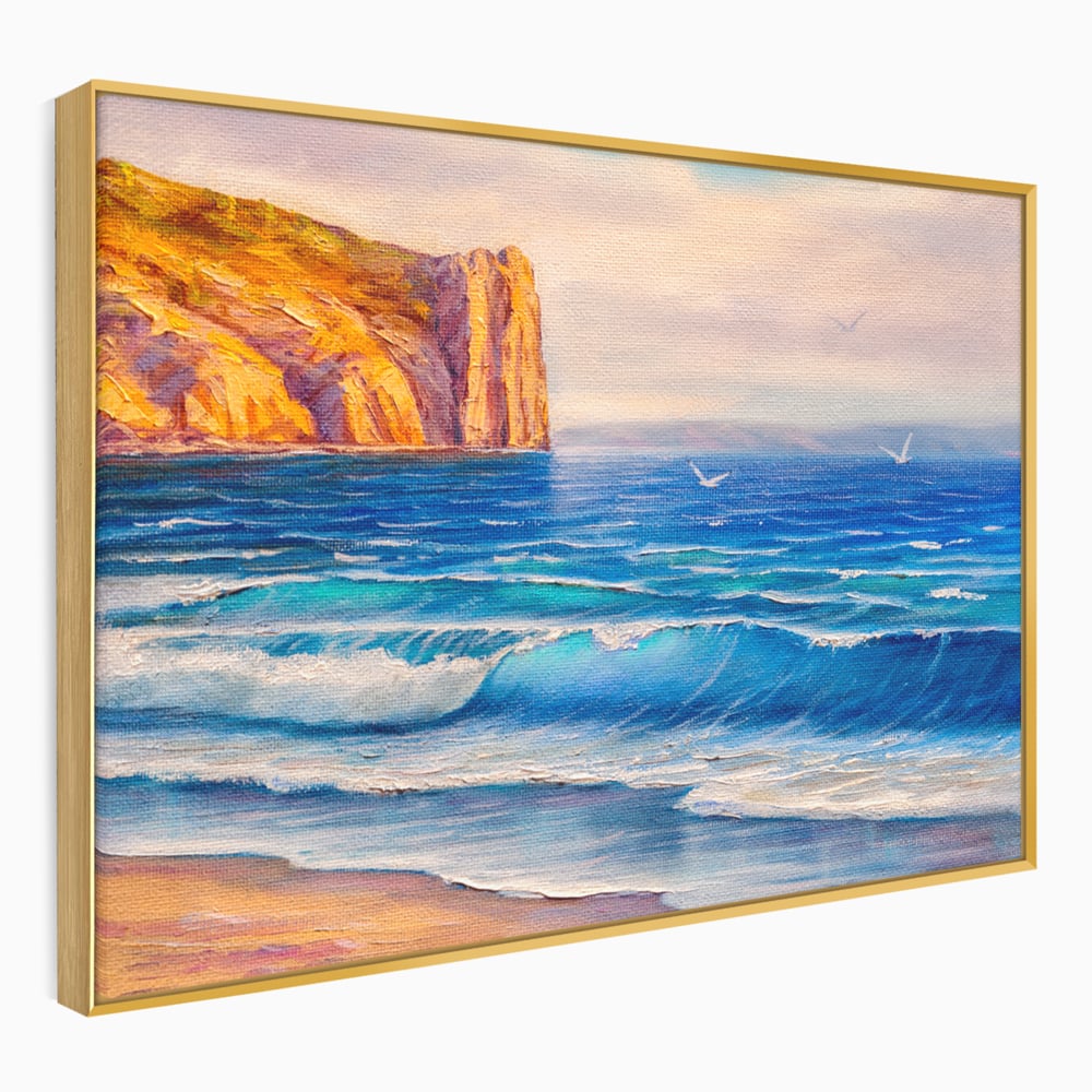 Tablou canvas cu pictura cu stanca pe malul marii, in rama de aluminiu auriu